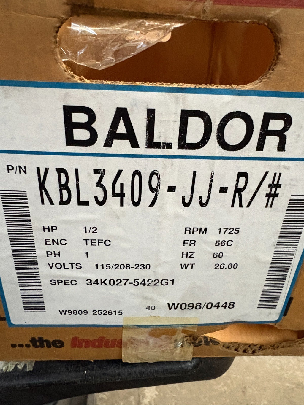 BALDOR 1/2HP BRAKE MOTOR KBL3409-JJ-R/H