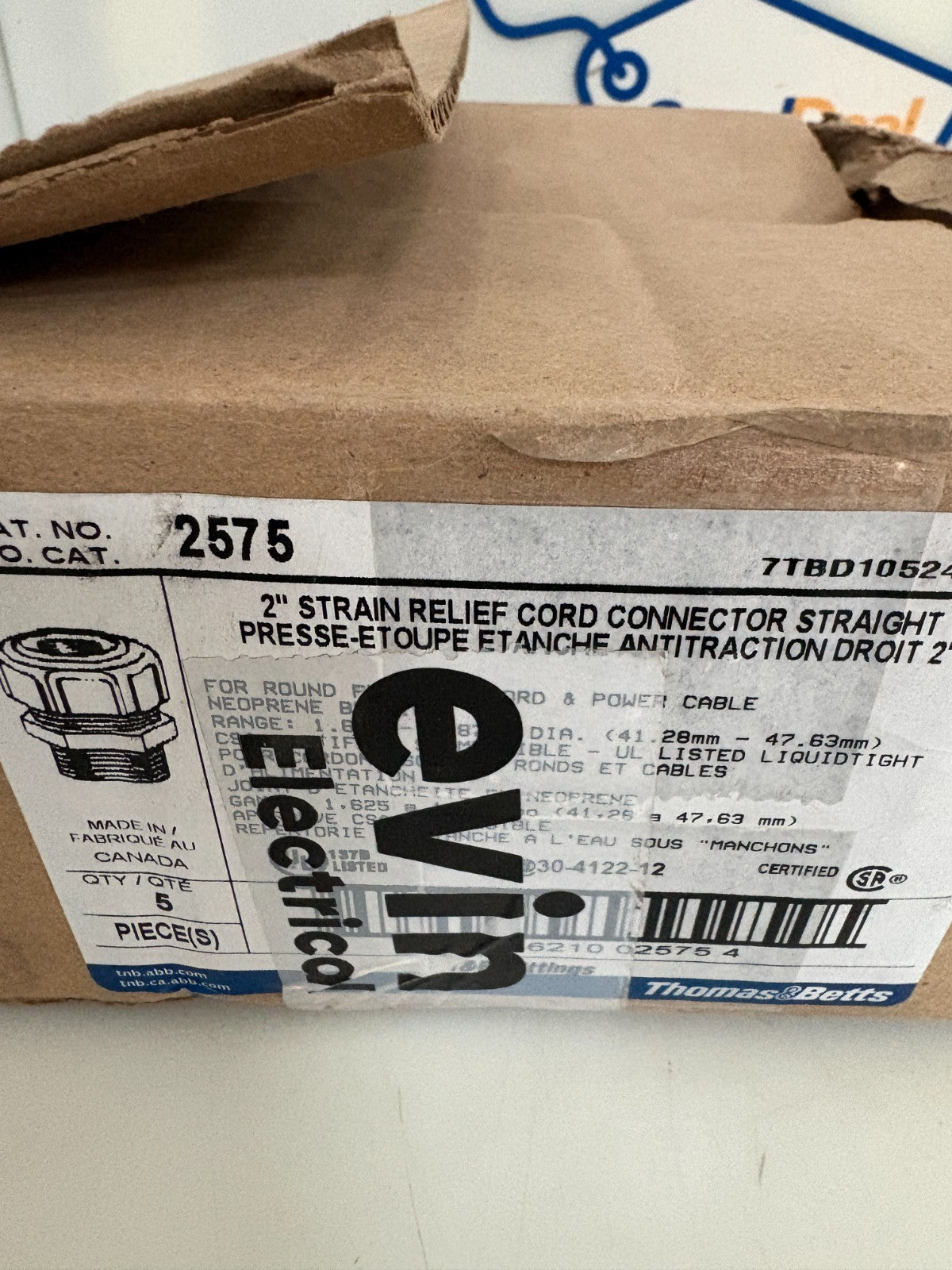 ABB THOMAS & BETTS 2" STRAIN RELIEF CORD STRAIGHT CONNECTOR #2575 5 IN BOX3