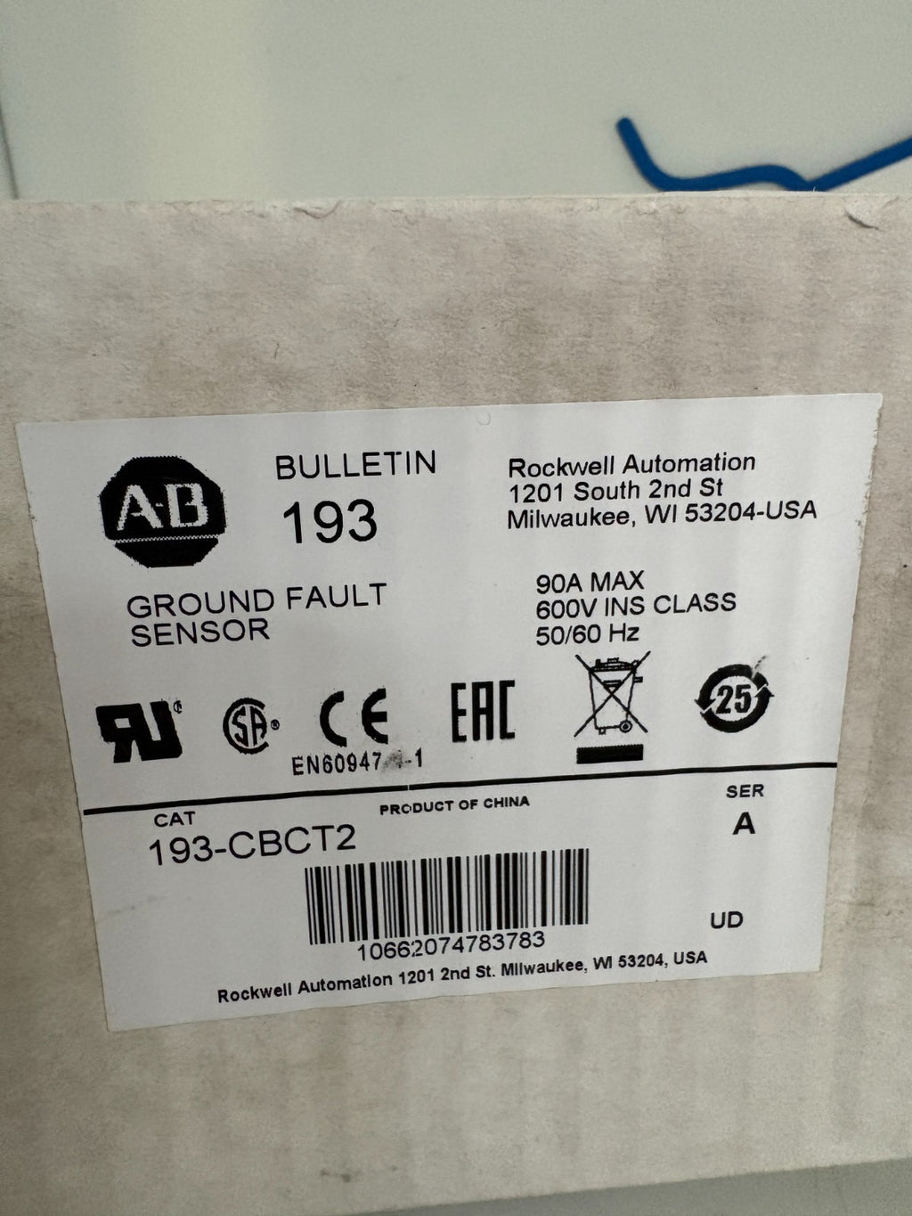 ALLEN BRADLEY GROUND FAULT SENSOR 193-CBCT2 2
