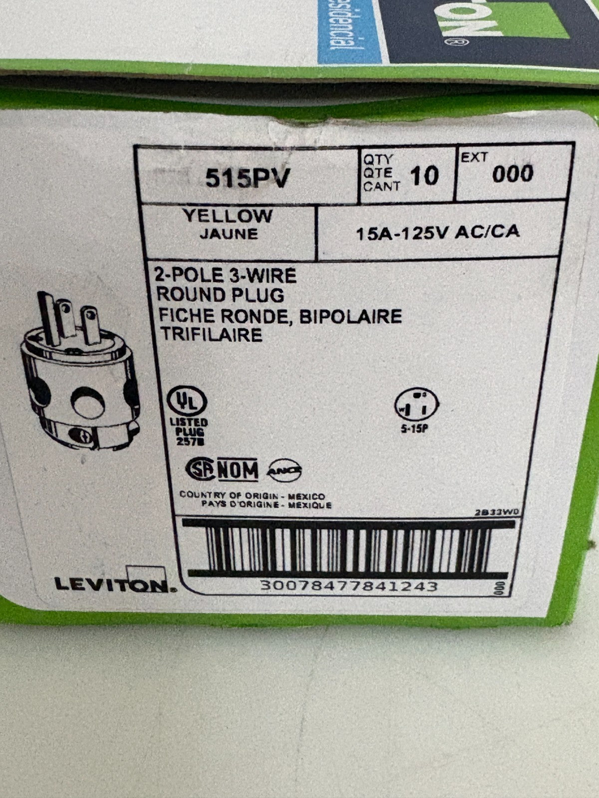 BOX OF 10 LEVITON 2 POLE 3 WIRE ROUND PLUG 515 PV3