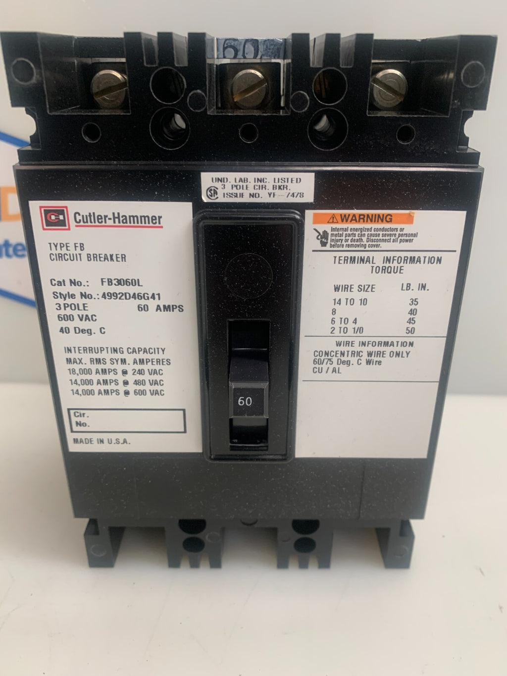 Cutler Hammer  FB3060L CIRCUIT BREAKER 60A 600VAC2