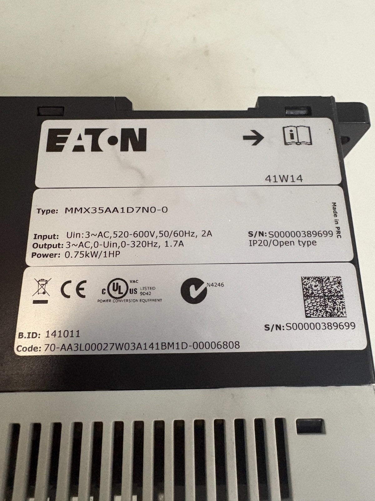 EATON M-MAX SENSORLESS VECTOR ADJUSTABLE FREQUENCY DRIVE MMX35AA1D7N0-0