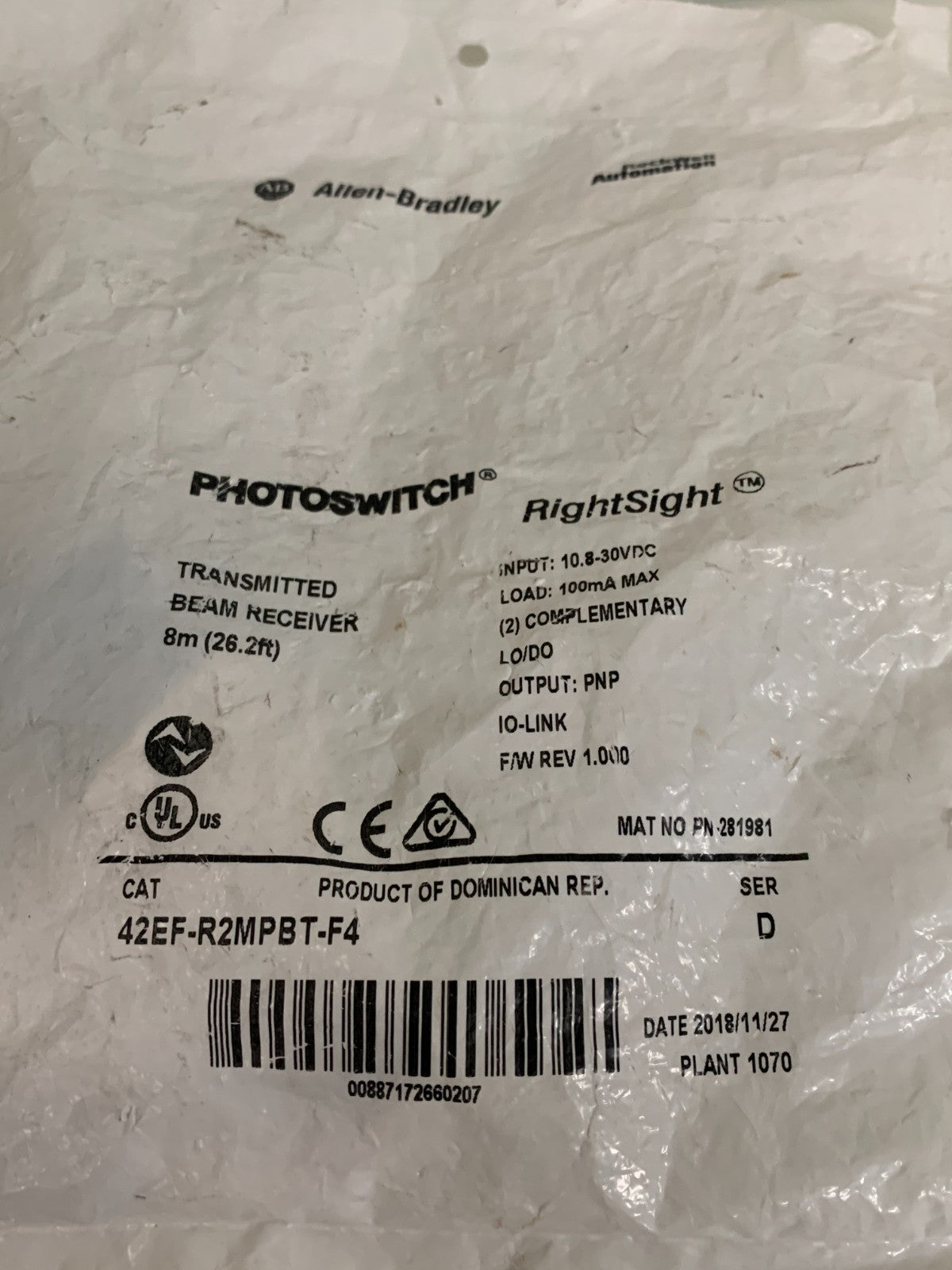 ALLEN BRADLEY PHOTOSWITCH BEAM RECEIVER 42 EF-R2MPBT-F4 SERIE D2