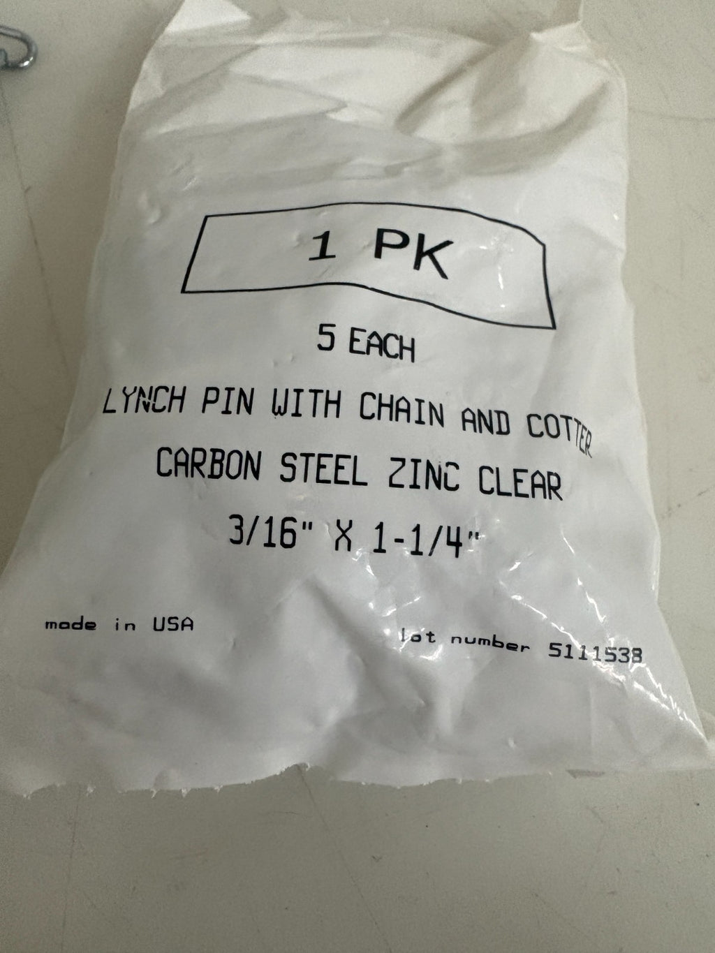 LYNCH PIN W/ CHAIN & COTTER 3/16" X 1 1/4" BAG OF 5 2