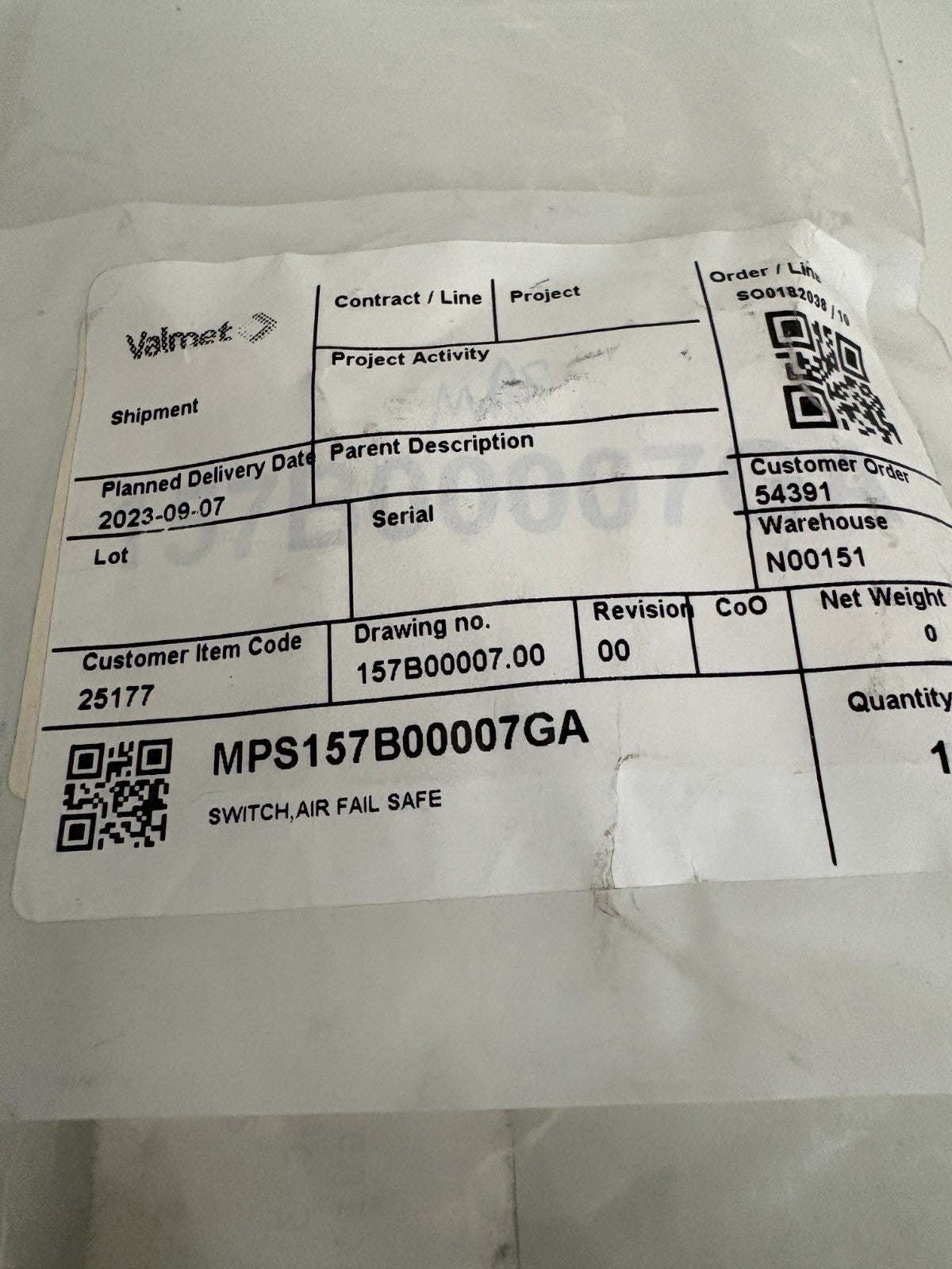 VALMET GL&V PILOT AIR VALVE SWITCH FOR FELT GUIDE 157B000007GA