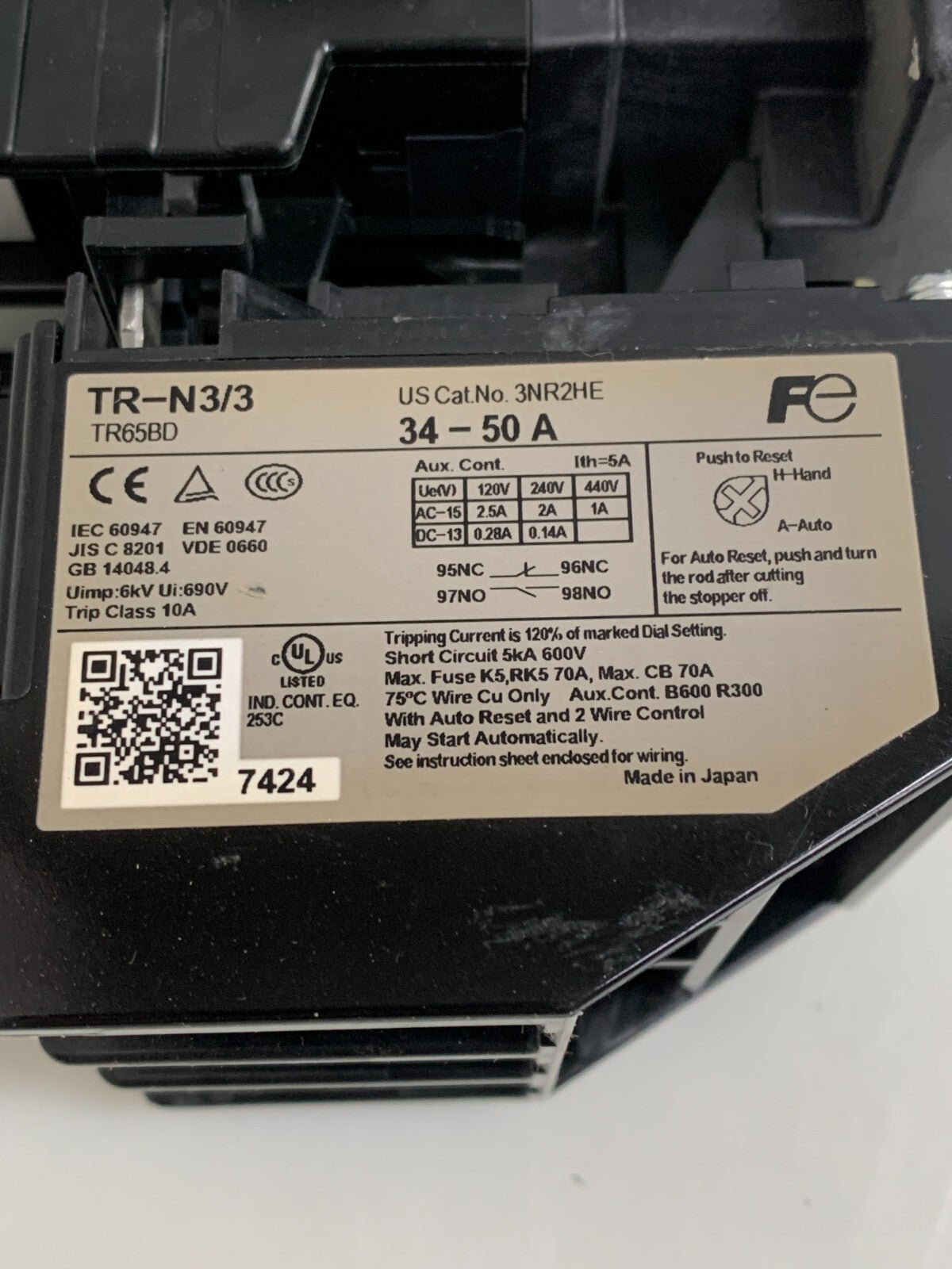 FUJI MAGNETIC CONTRACTOR SC-N2S W/ THERMAL OVERLOAD RELAX TR-N3/34
