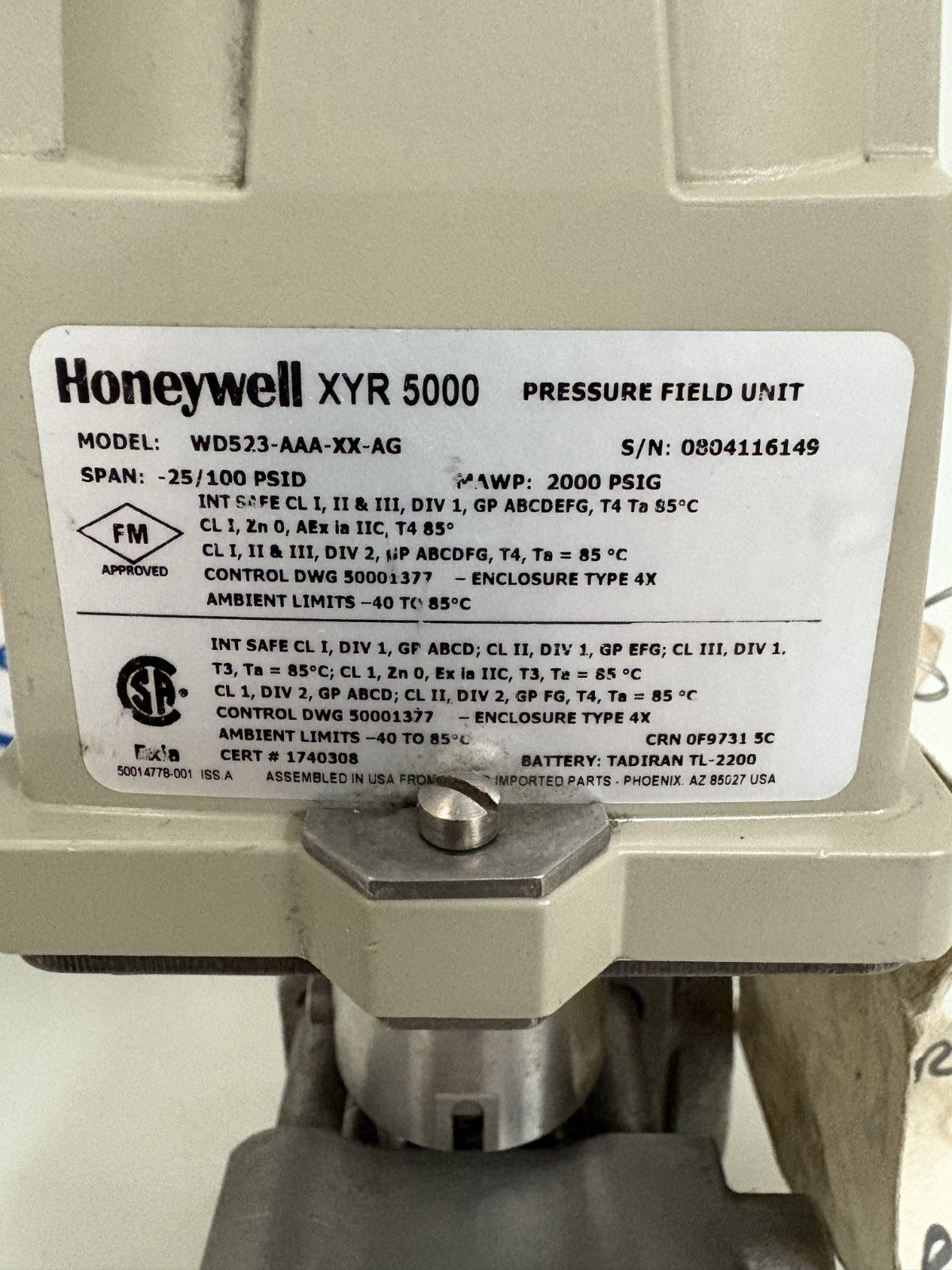 HONEYWELL PRESSURE FIELD UNIT XYR 5000 #WD523-AAA-XX-AG4