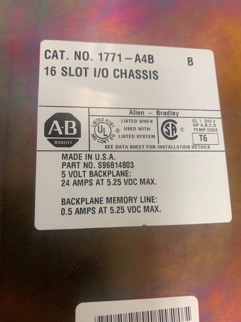 Allen Bradley 1771-A4B B 16 I/0 Slot Chassis 1771A4B
