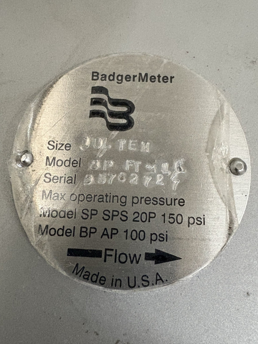 BADGER METER OSCILLATING WATER FLOW METER/TRANSMITTER SIZE 1UL TEM MODEL SP FT-1