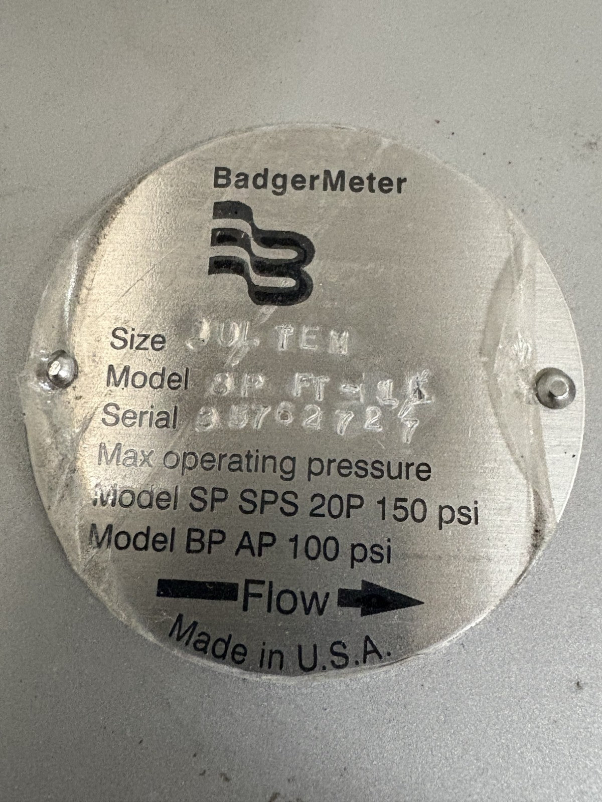 BADGER METER OSCILLATING WATER FLOW METER/TRANSMITTER SIZE 1UL TEM MODEL SP FT-1