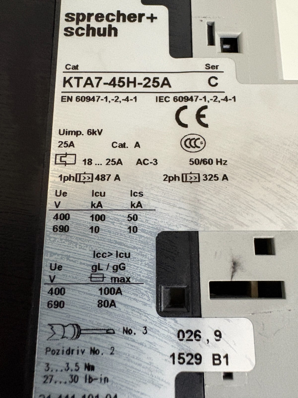 SPRECHER & SCHUH 25 A MOTOR BREAKER KTA7-45H-25A2