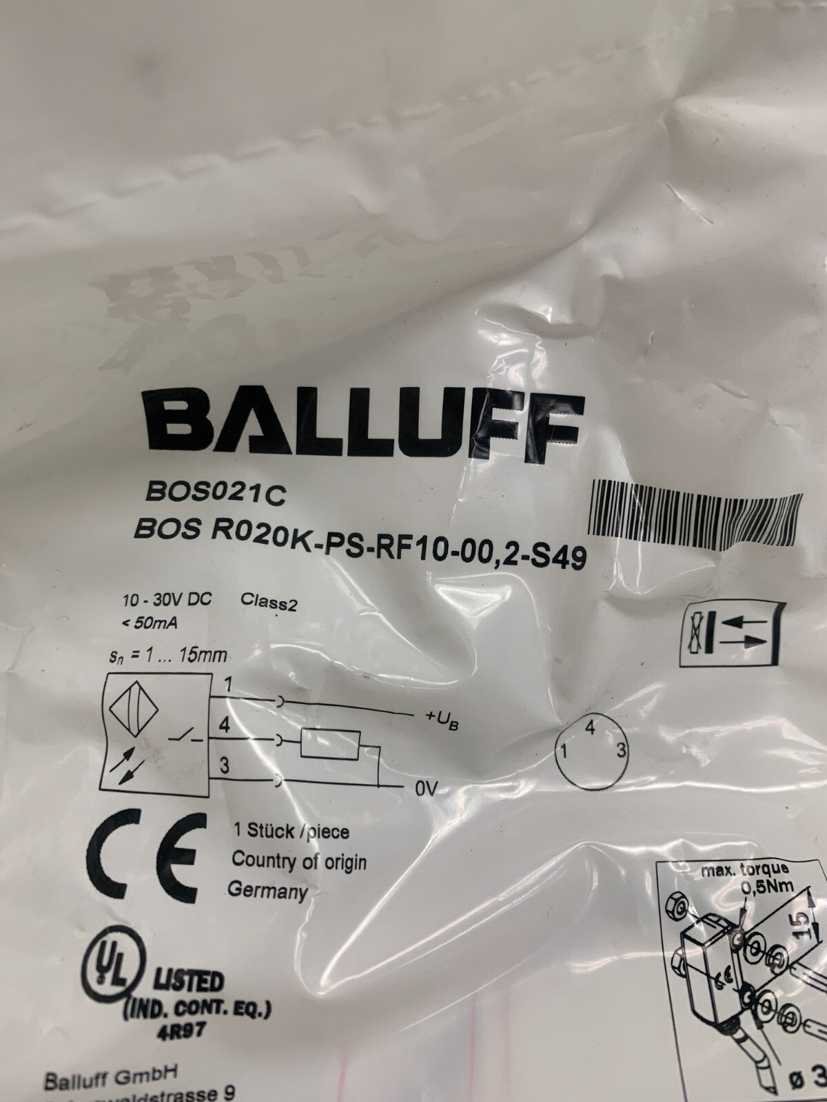 BALLUFF BOS R020K-PS-RF10-00, 2-S49 Diffuse Sensor1