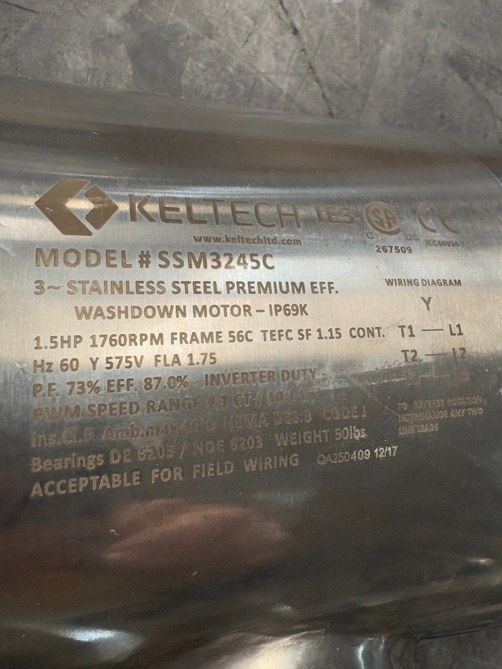 KELTECH S STEEL WASHDOWN MOTOR 1.5HP 1750 RPM W/CONNECTOR CABLE