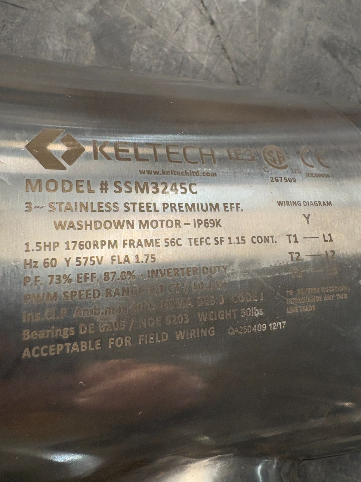 KELTECH S STEEL WASHDOWN MOTOR 1.5HP 1750 RPM W/CONNECTOR CABLE