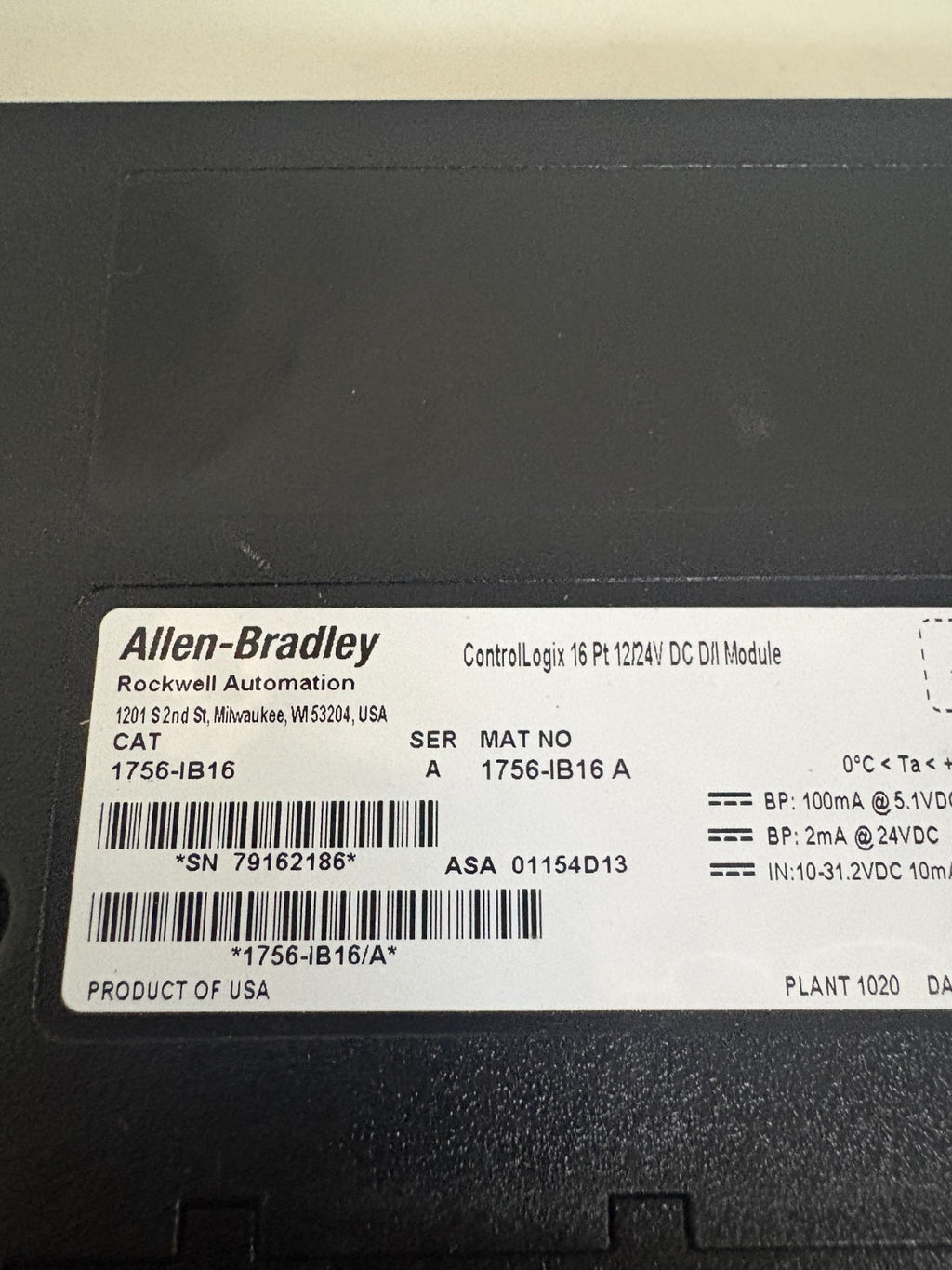 ALLEN BRADLEY CONTROL LOGIX 16PT 12/24 DC D/I MODULE 1756-IB16 A3