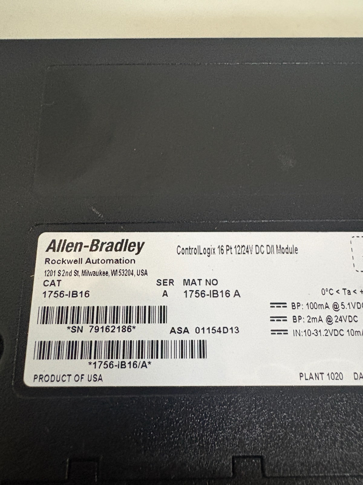 ALLEN BRADLEY CONTROL LOGIX 16PT 12/24 DC D/I MODULE 1756-IB16 A3
