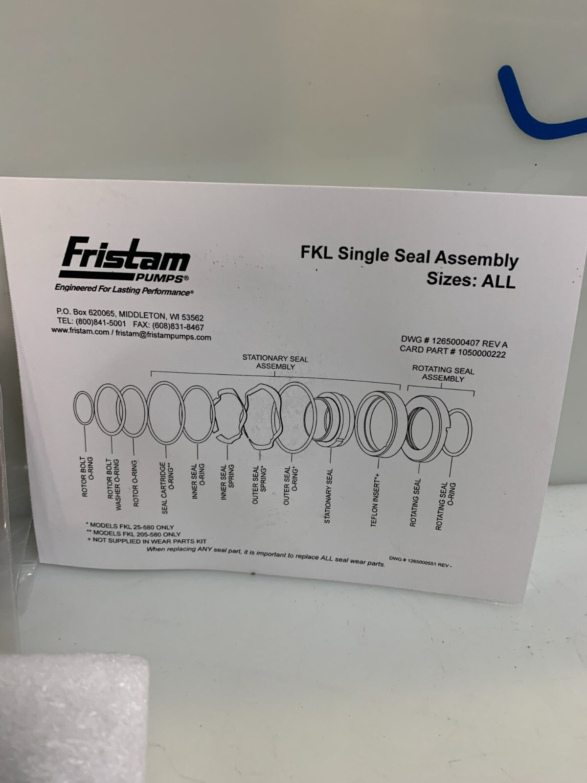 Fristam FKL Single Seal Assembly 1265000407 Rev A3