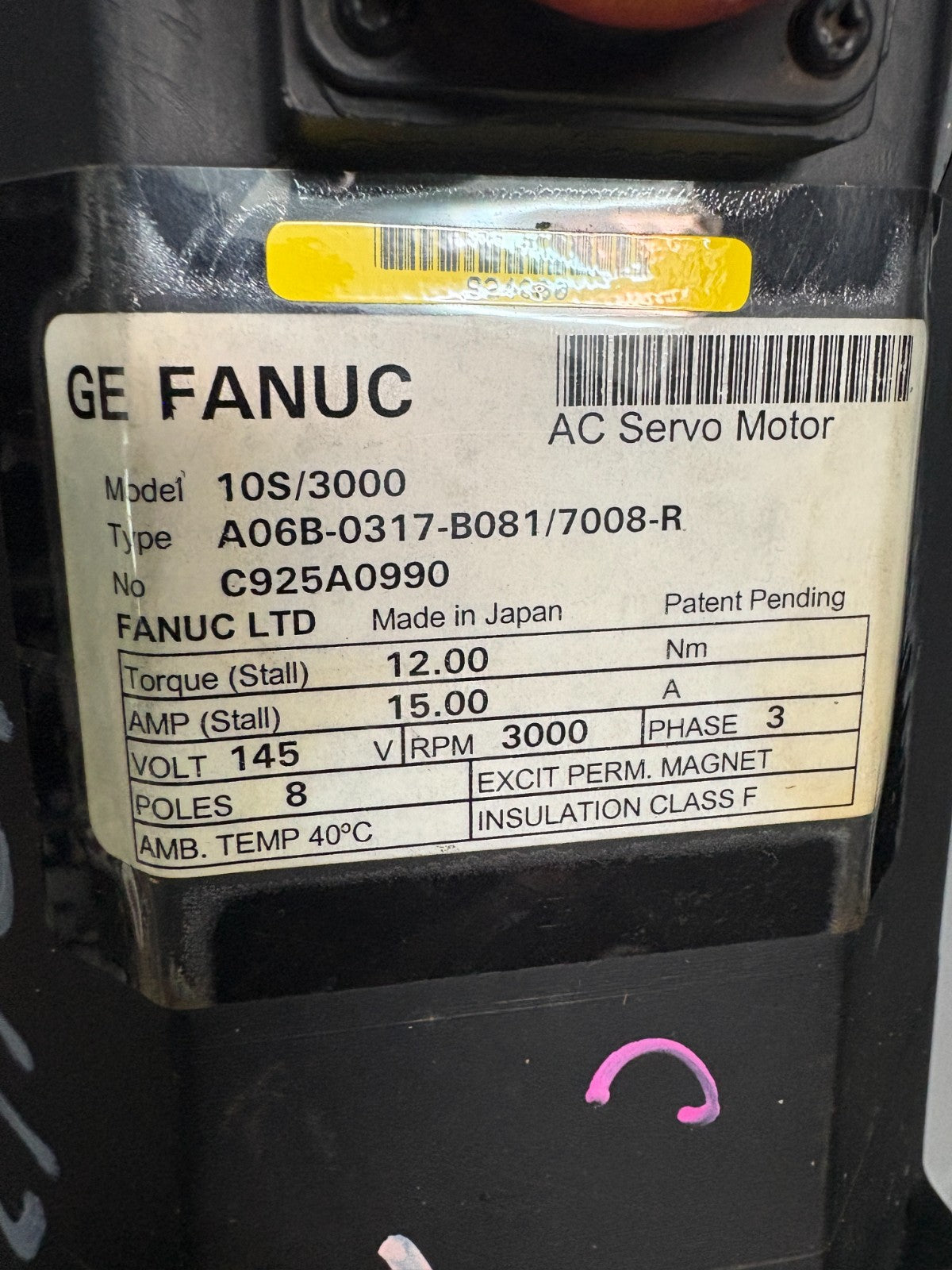 FANUC AC SERVO MOTOR MODEL 10S/3000 A 06B-0317-B081/7008-R1