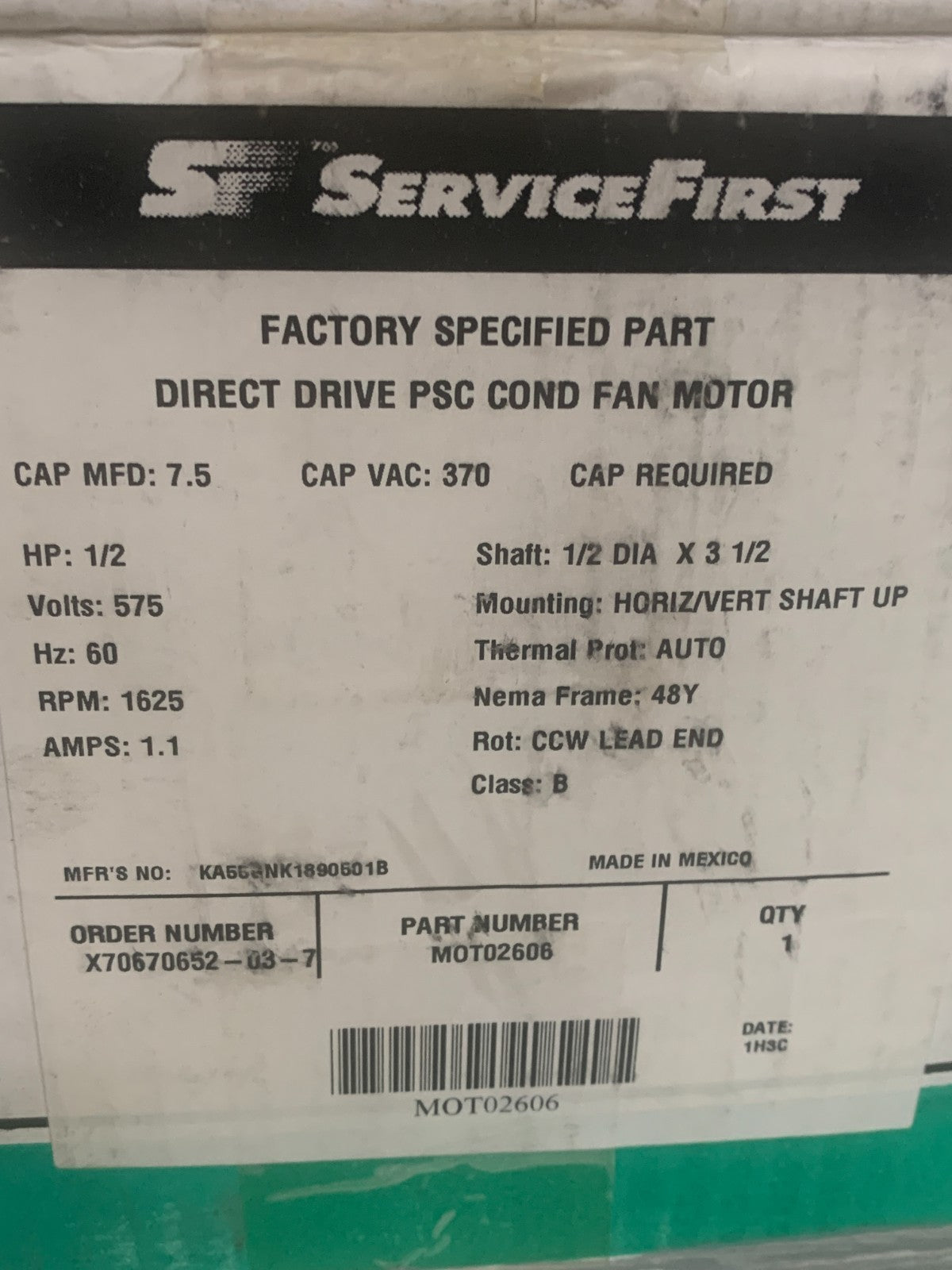 US MOTOR DIRECT DRIVE PSC CONDENSER FAN MOTOR #KA55ZZGNK-1890