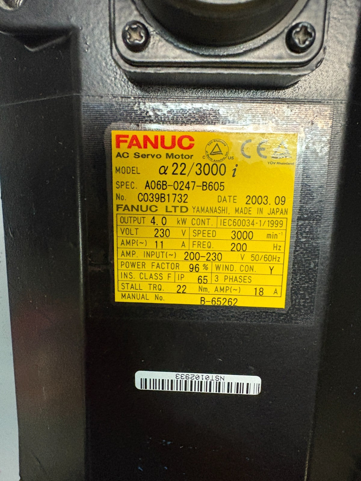 FANUC AC SERVO MOTOR 22/3000 I A06B-0247-B6052