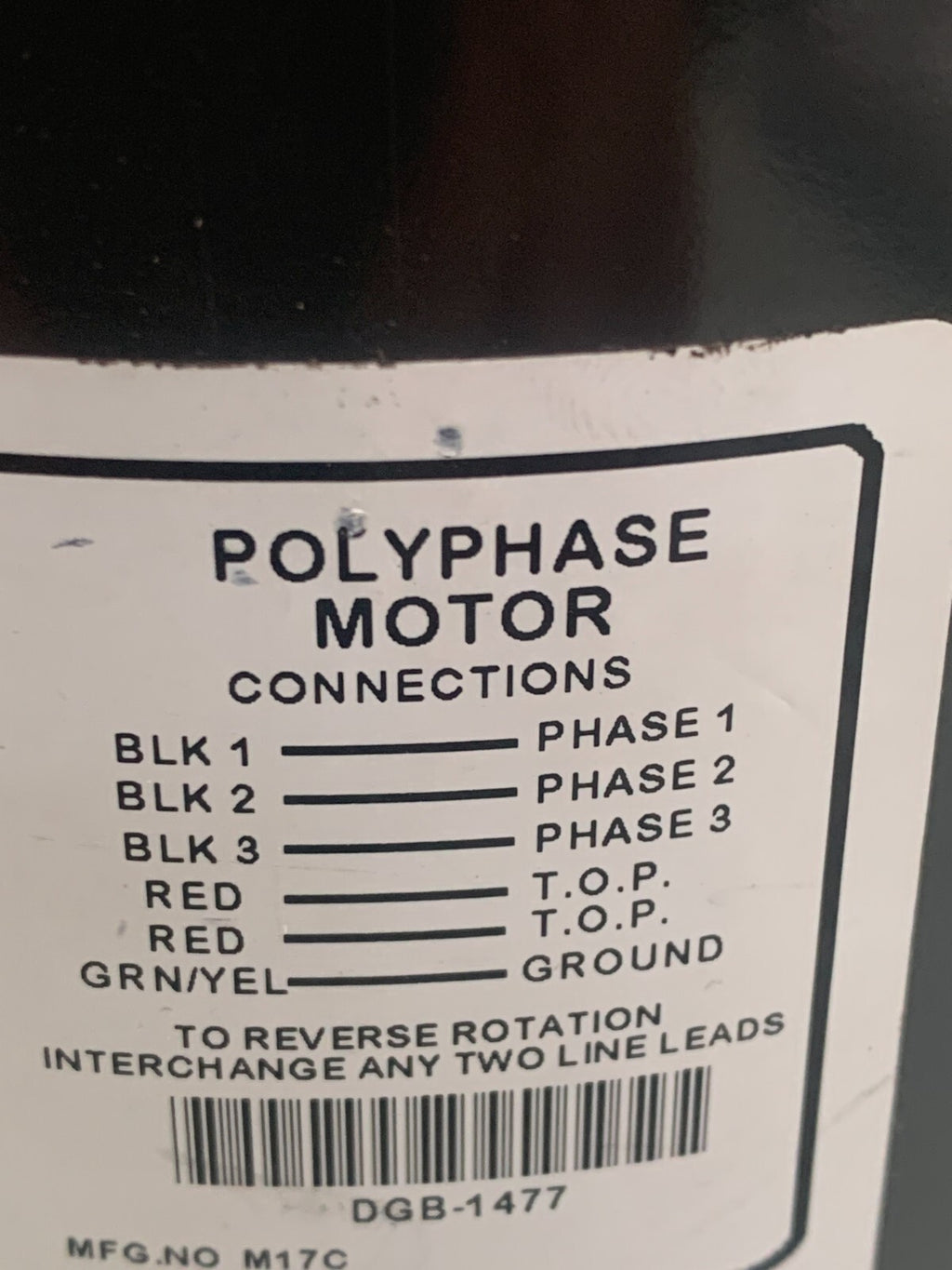 US MOTOR POLYPHASE MOTOR MODEL P55ZZDGB-1477 1/6 HP 1725 RPM2