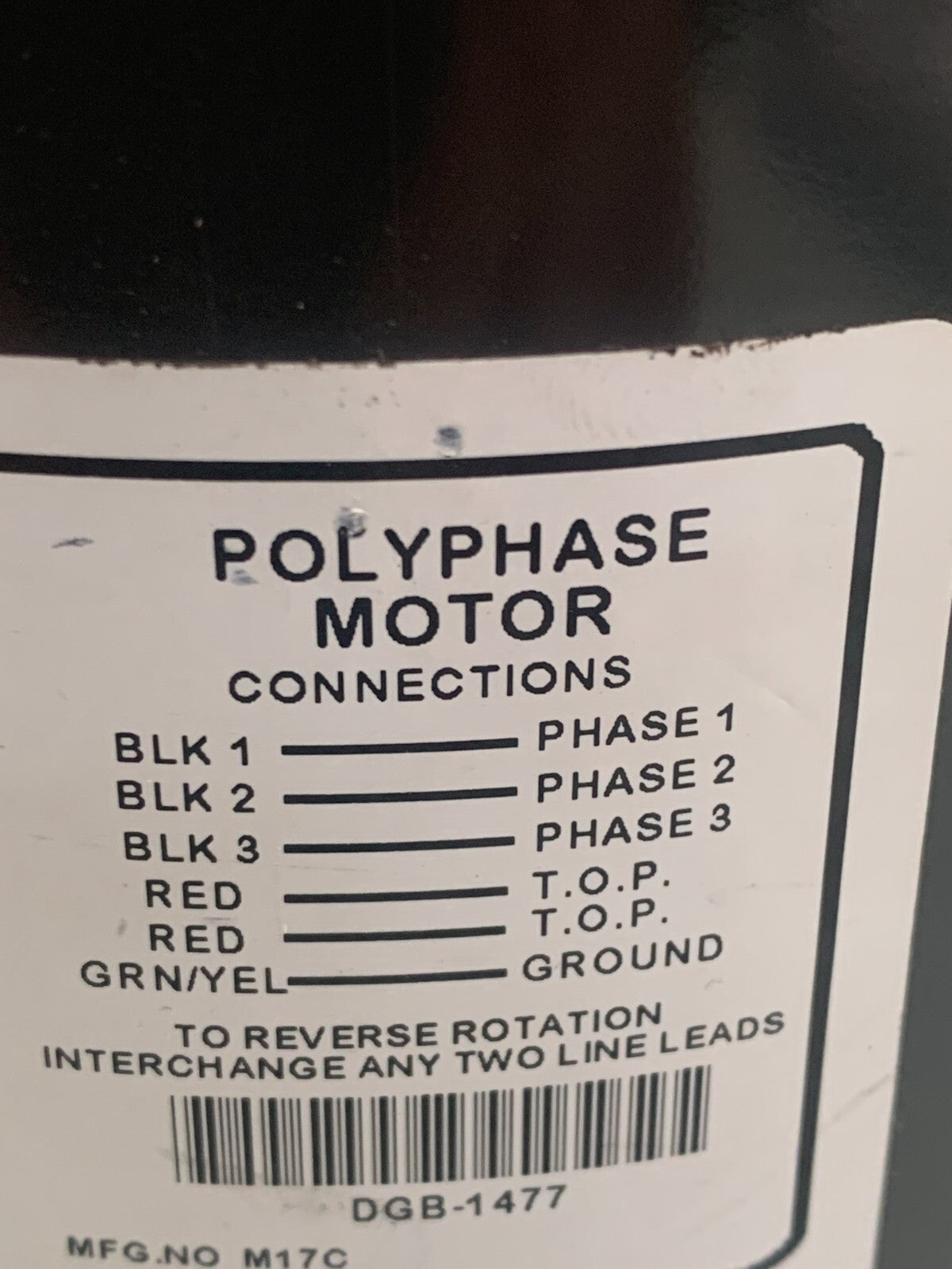 US MOTOR POLYPHASE MOTOR MODEL P55ZZDGB-1477 1/6 HP 1725 RPM2