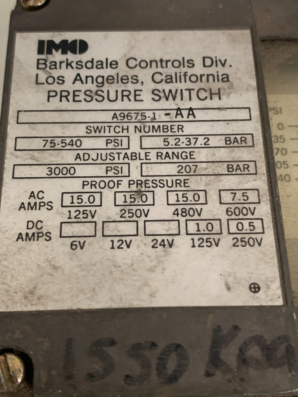 IMO BARKSDALE PRESSURE SWITCH A9675-1-AA