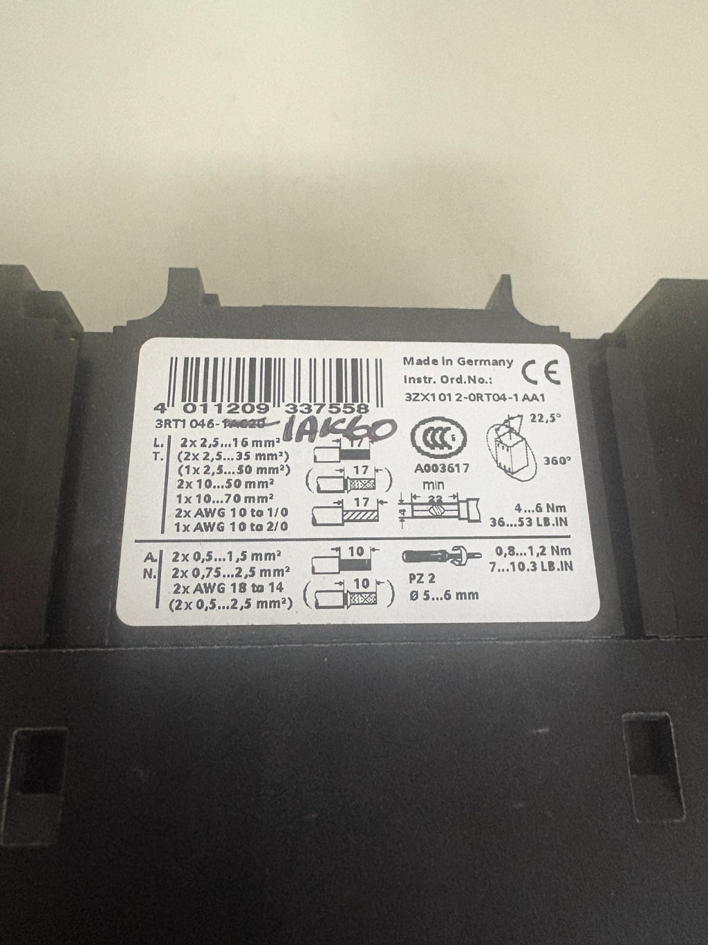 SIEMENS SIRIUS 3PH CONTACTOR 3RT1046-1AK603