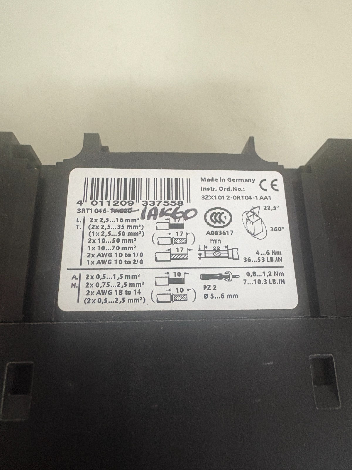 SIEMENS SIRIUS 3PH CONTACTOR 3RT1046-1AK603