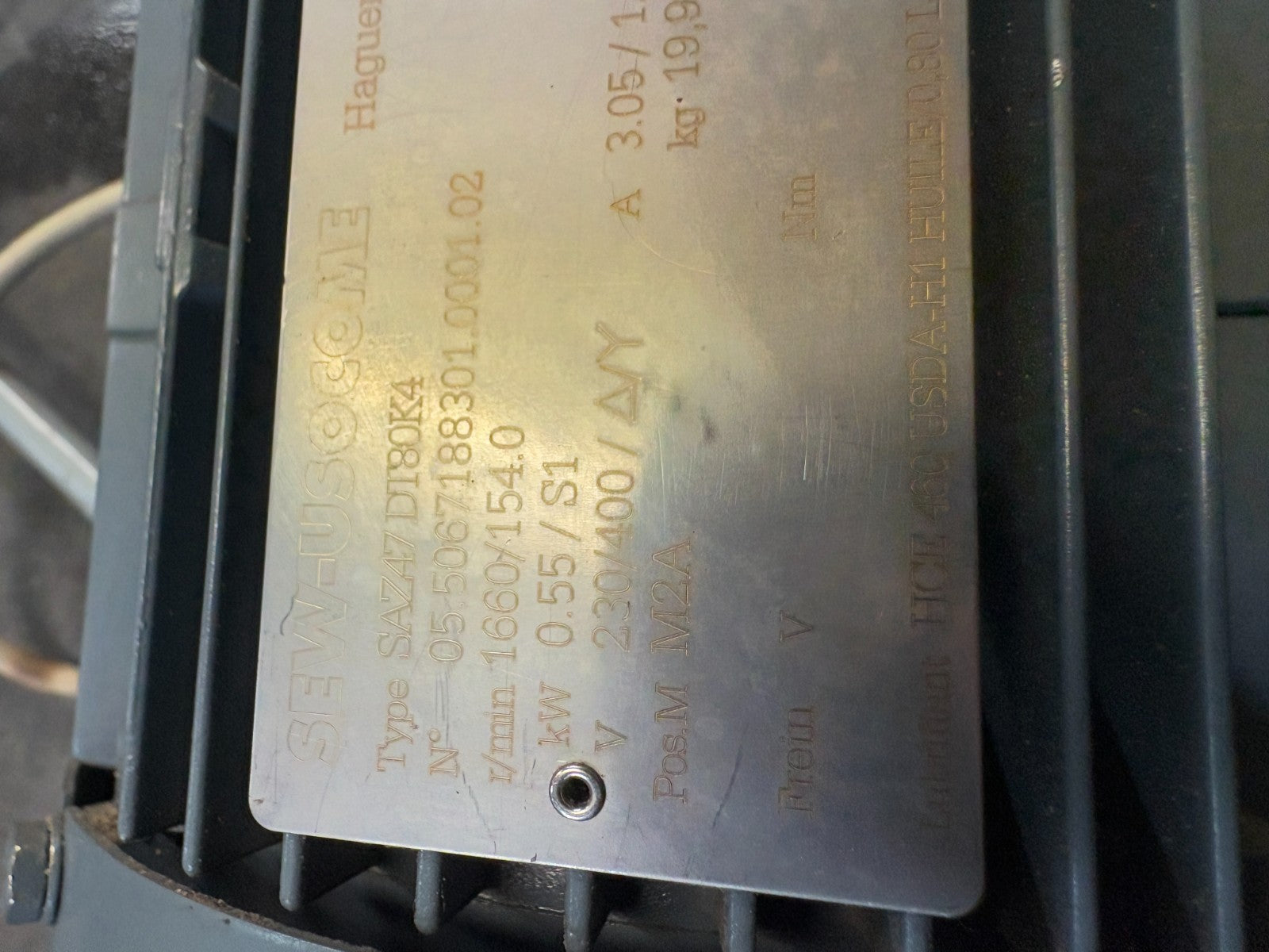 SEW EURODRIVE CONVEYOR MOTOR 11" SAZ47 DT80K4 W/BAUMER ELECT. ENCODER BHF