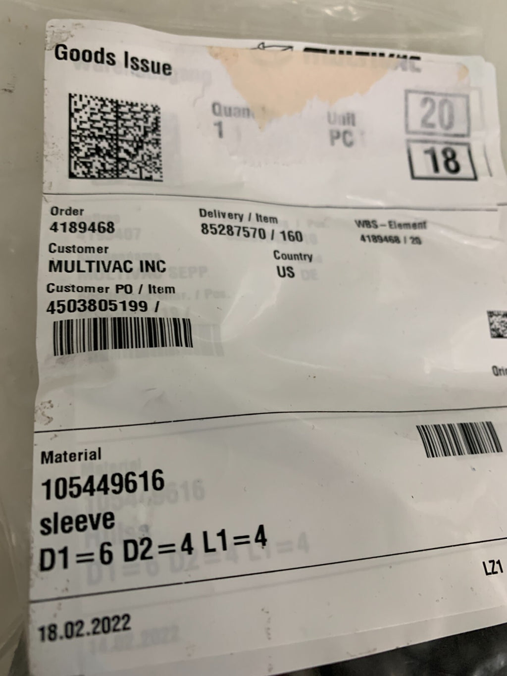 MULTIVAC SLEEVE W/PARTS #105449616