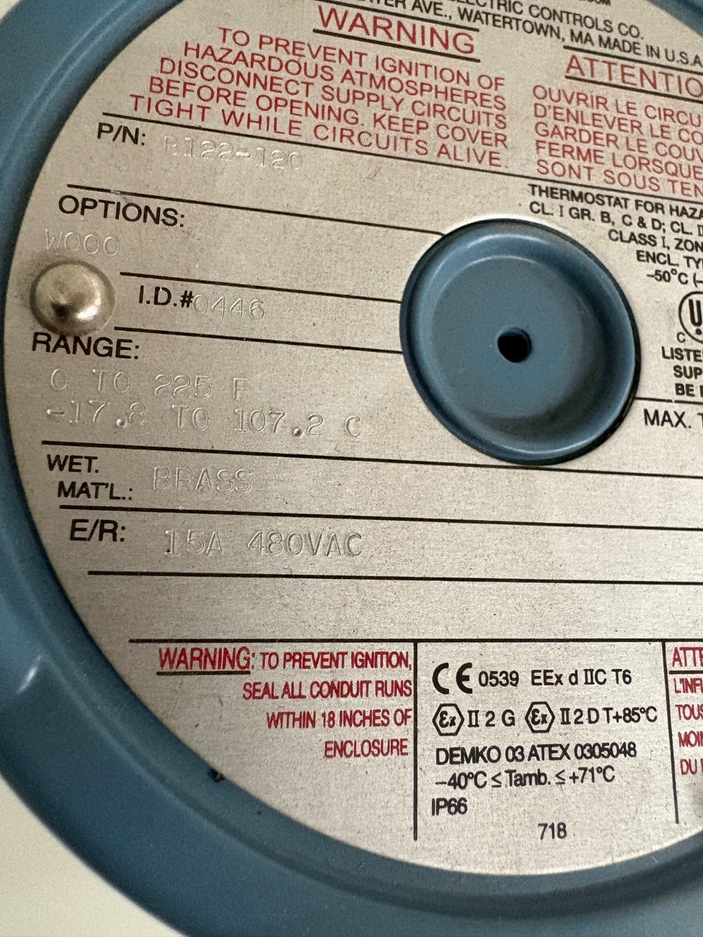 UNITED ELECTRIC CONTROLS TEMPERATURE CONTROL B122-120