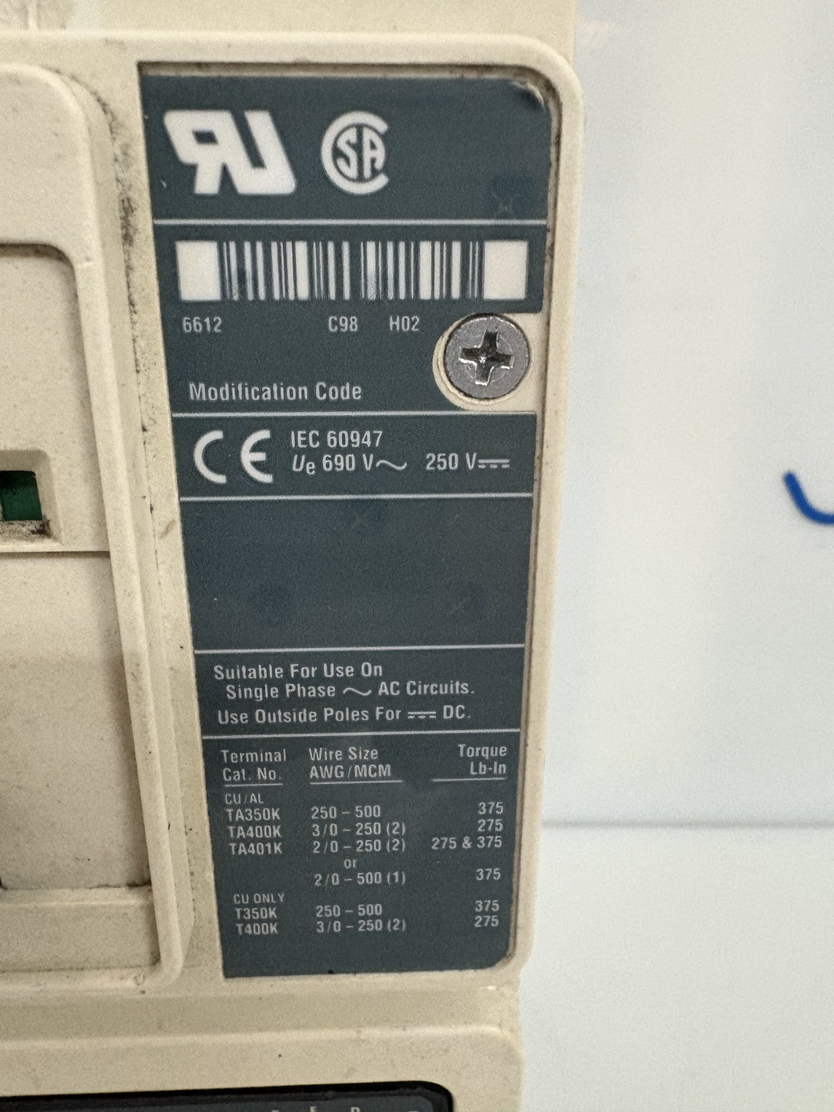 EATON CUTTLER HAMMER HMCP CIRCUIT BREAKER MOTOR PROTECTOR 1492 D95G21
