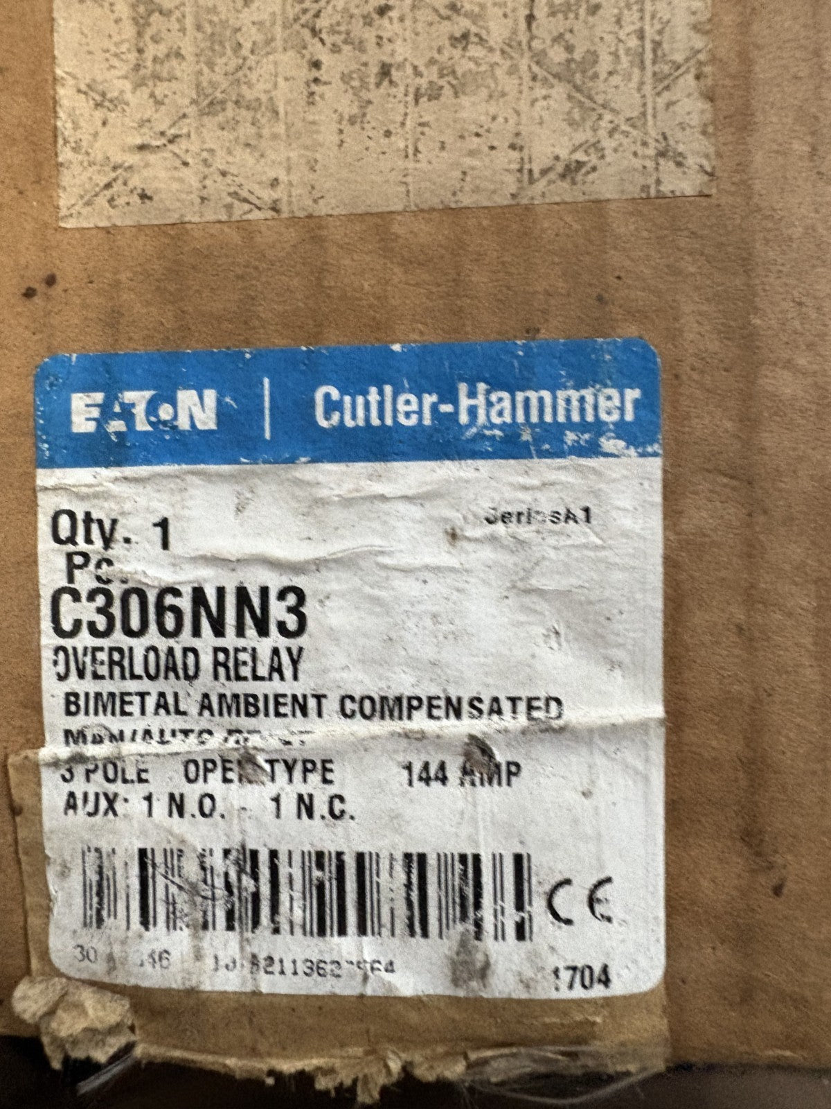 EATON CUTLER HAMMER OVERLOAD RELAY C306NN3