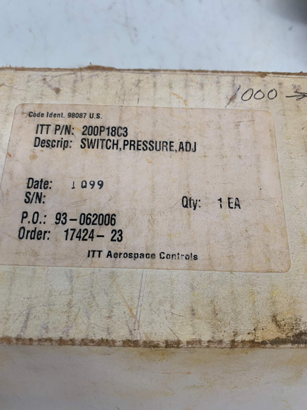ITT NEO-DYN 200P18C3 ADJUSTABLE PRESSURE SWITCH 1000-10000PSIG 0.5A 125VDC