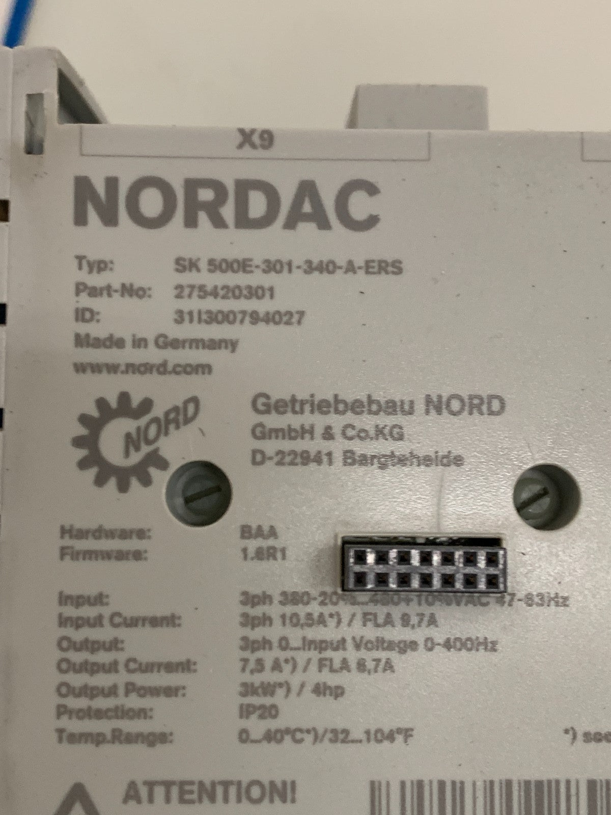 NORDAC 500E 3HP MOTOR DRIVE SK-500E-301-340-A-ERS 275-420301 W/CONTROL PANEL