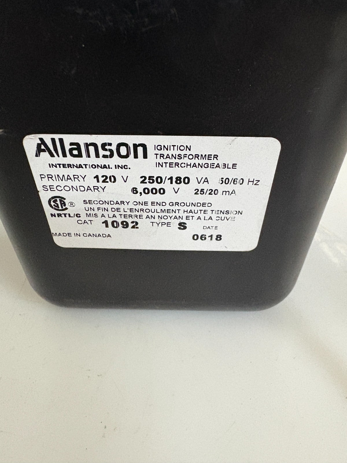 ALLANSON IGNITION TRANSFORMER #1092 TYPE S