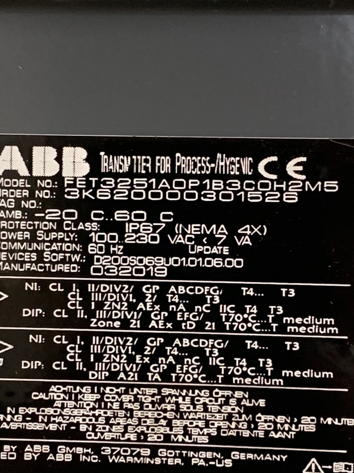 ABB PROCESS MASTER EXZERT TRANSMITTER FET3251AOP1B3COH2M5