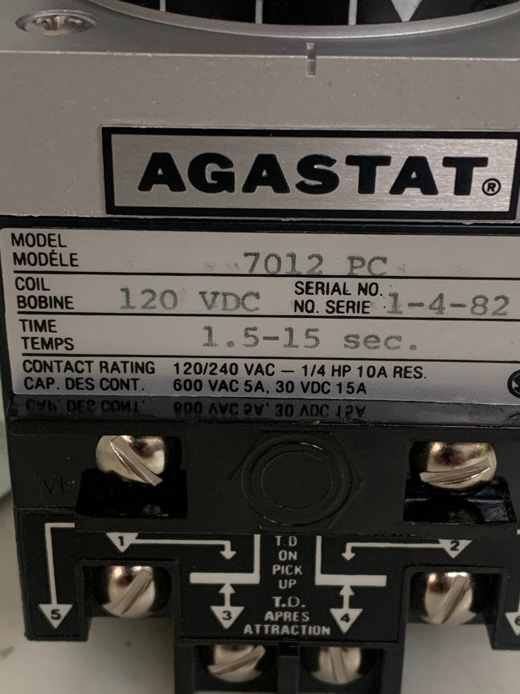 AGASTAT 1.5 15 SEC TIME DELAY RELAY #7012 PC