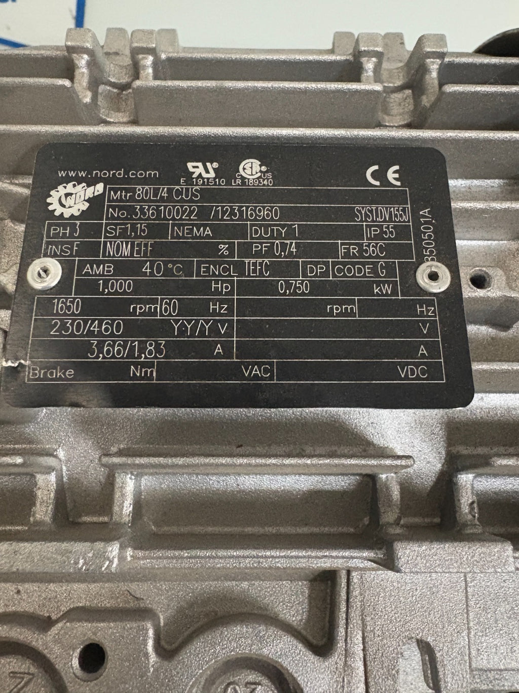 NORD MOTOR 1HP INVERTER MOTOR 80L/4CUS