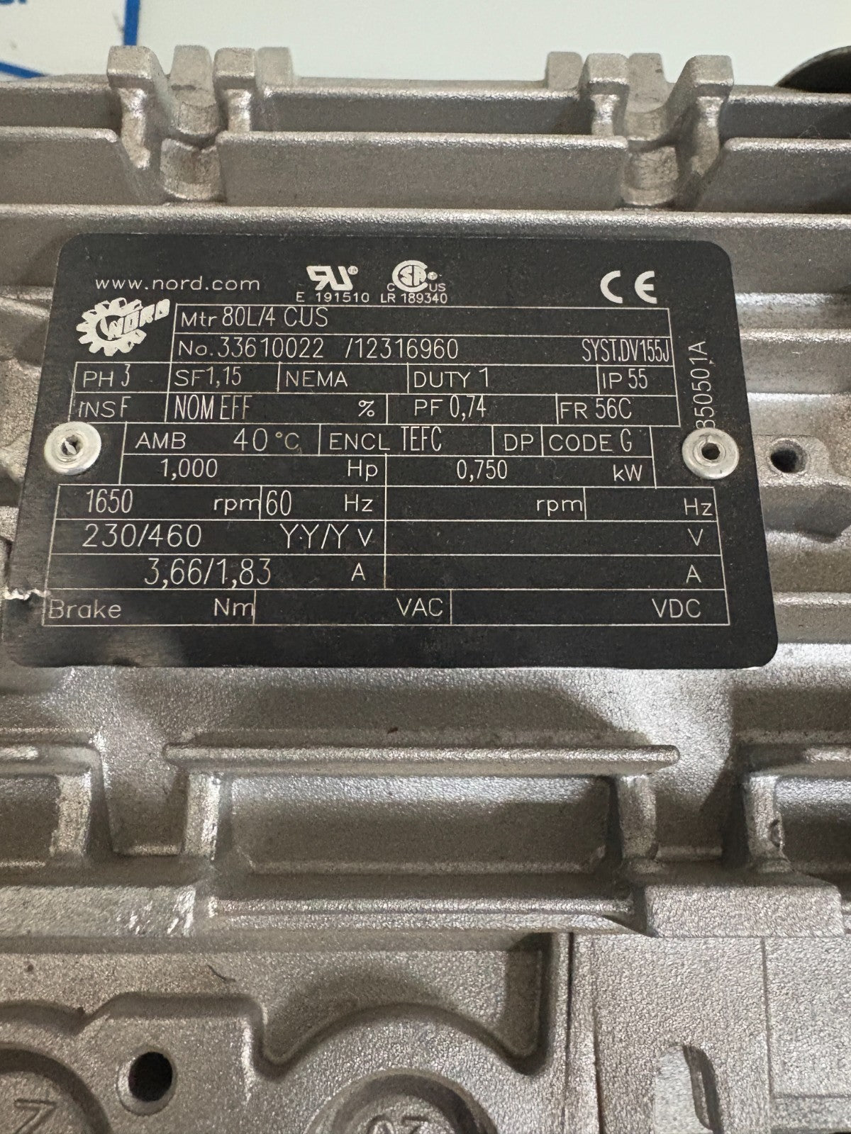NORD MOTOR 1HP INVERTER MOTOR 80L/4CUS