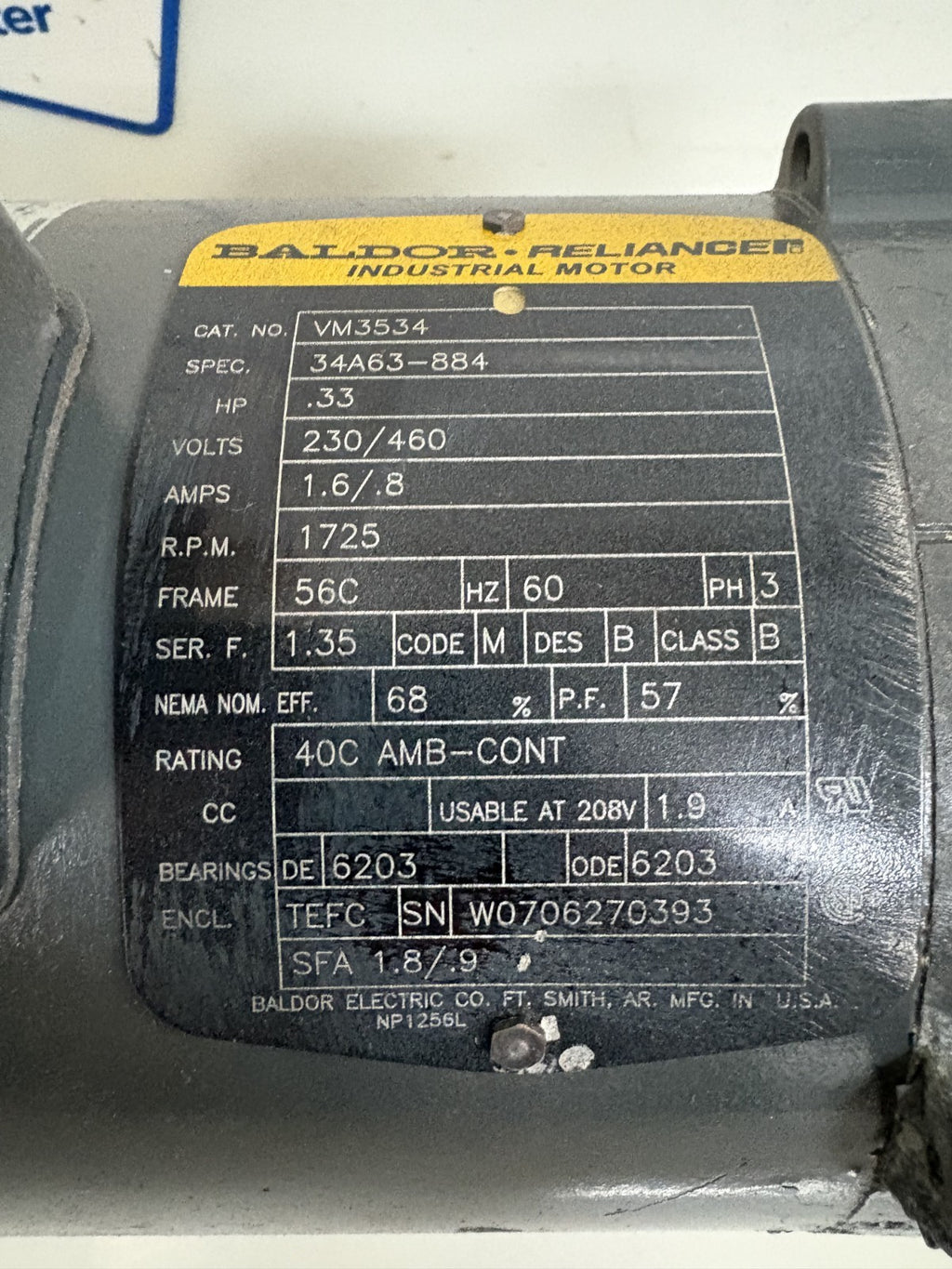 BALDOR RELIANCER INDUSTRIAL MOTOR 1/3 HP VM35341