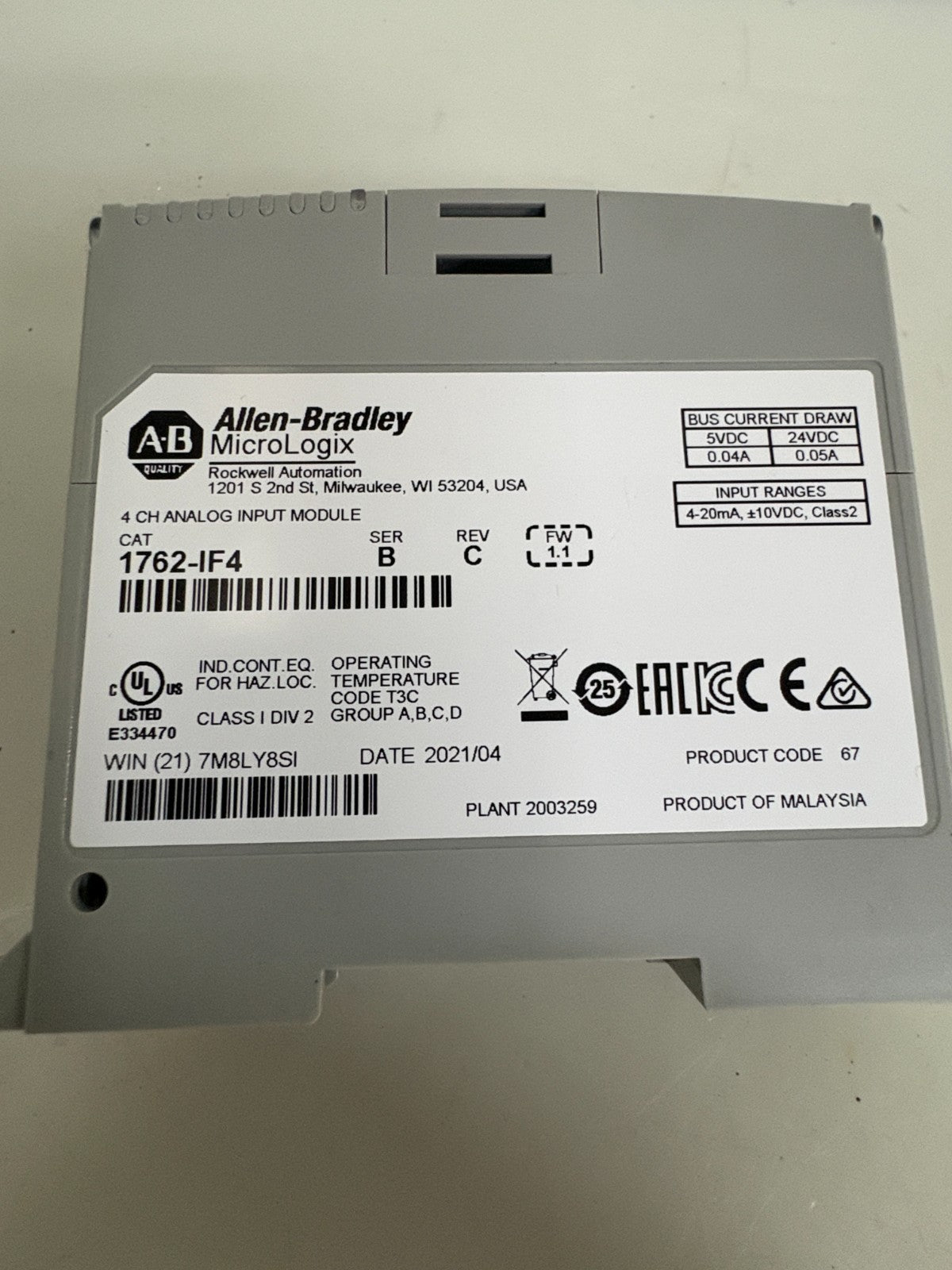ALLEN BRADLEY MICROLOGIX 4 CH ANALOG INPUT MODULE 1762-IF4 SER B REVC1