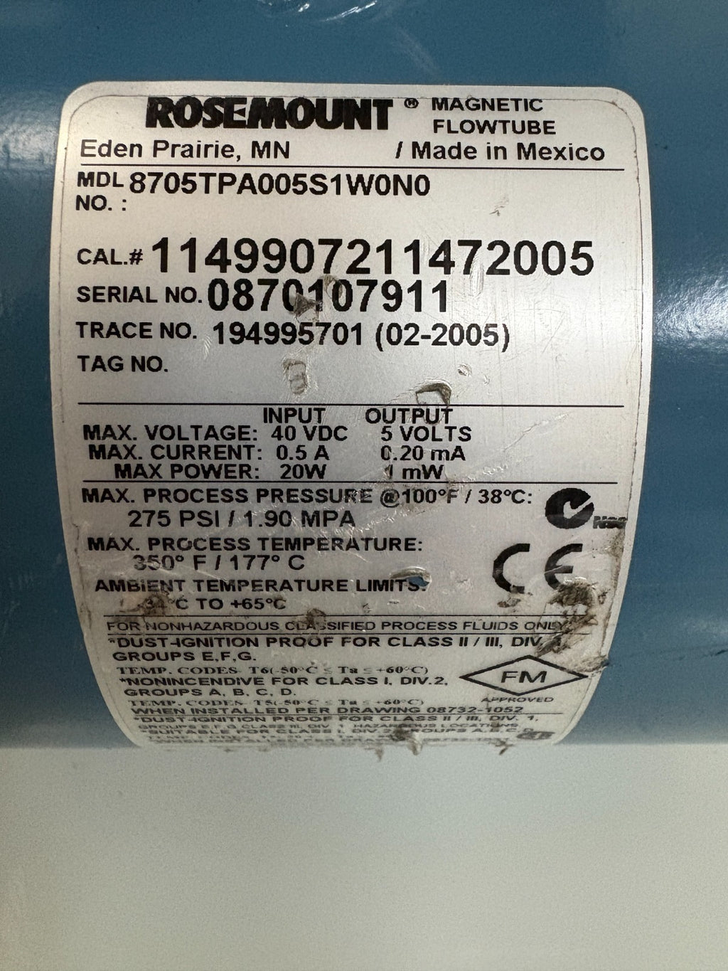 ROSEMOUNT MAGNETIC FLOWTUBE 8705 8705TPA005S1W0N0