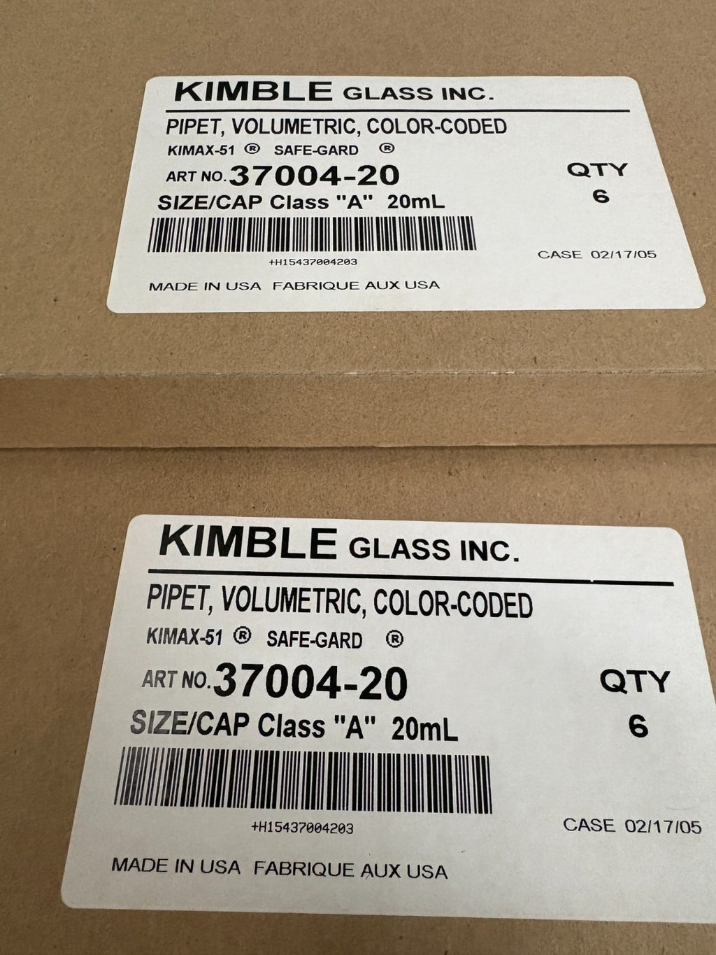 KIMBLE GLASS 20ML VOLUMETRIC PIPET 9370040011 (37004-20) BOX OF 12