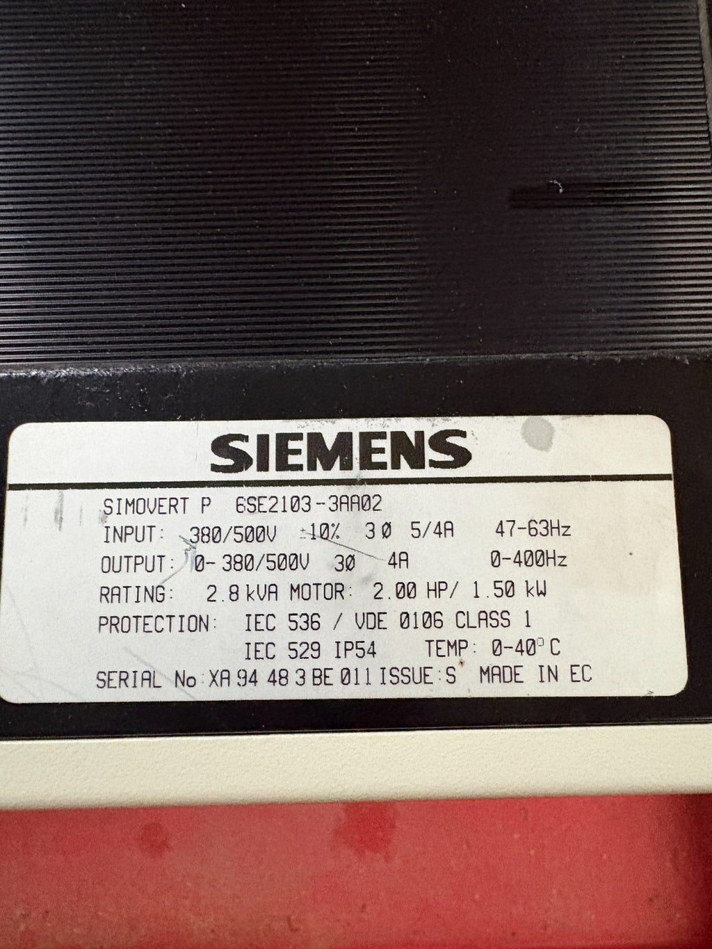 SIEMENS 2HP SERVO DRIVE 6SE2103-3AA023