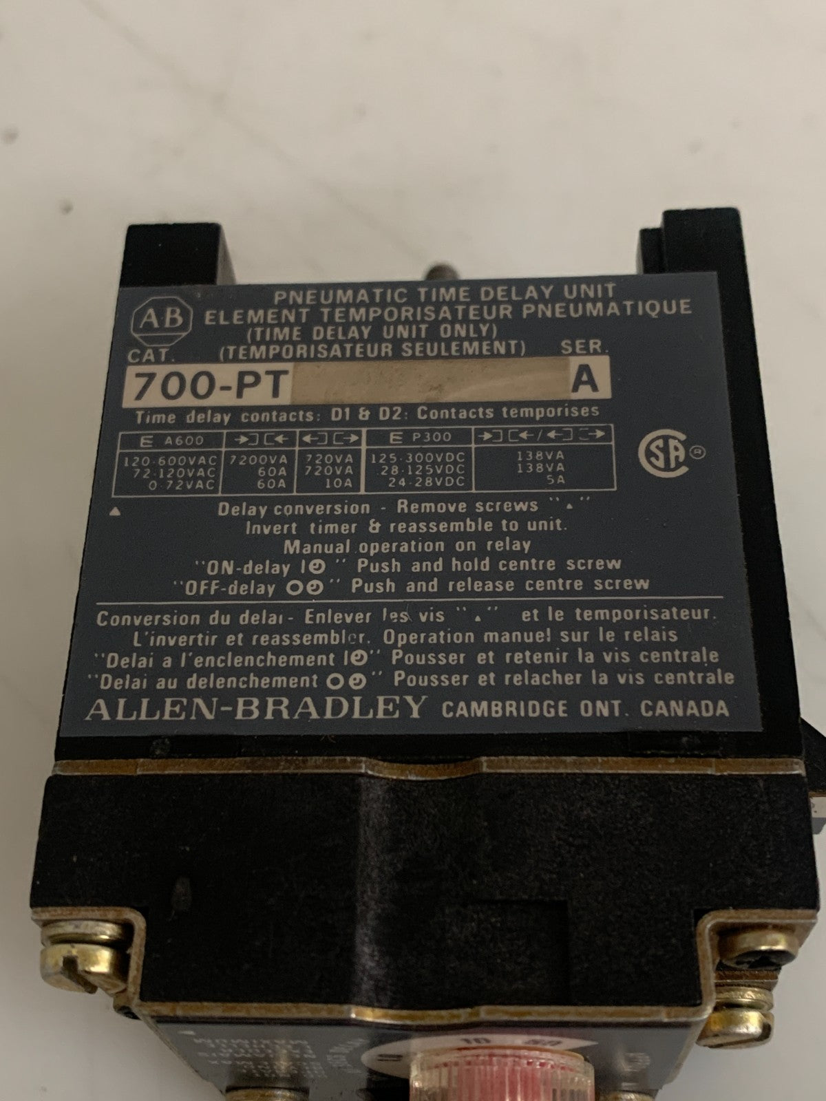 ALLEN BRADLEY PNEUMATIC TIME DELAY UNIT 700-PT