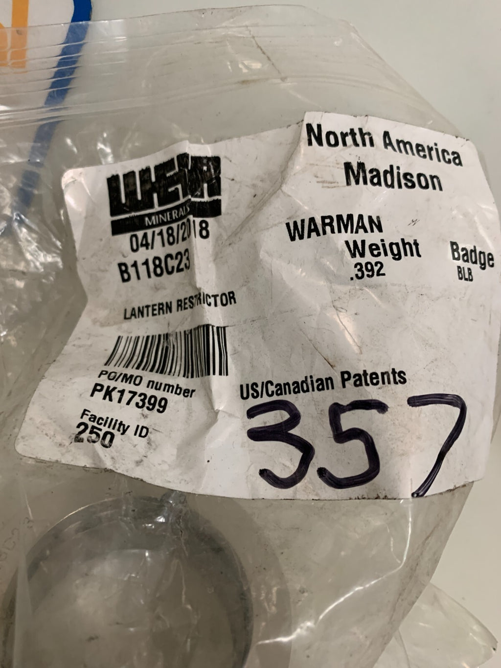 WEIR WARMAN LANTERN RESTRICTOR B118 C23 PK 17399