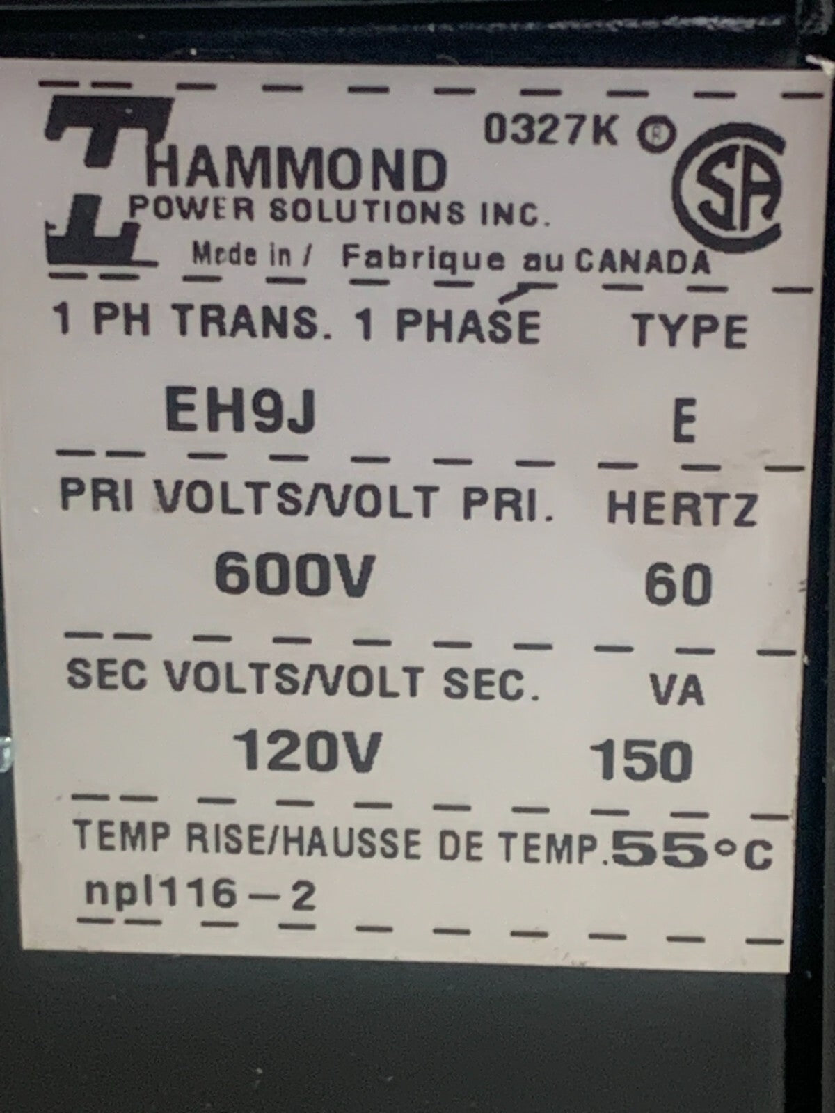 HAMMOND MANUFACTURING EH9J Control Transformer