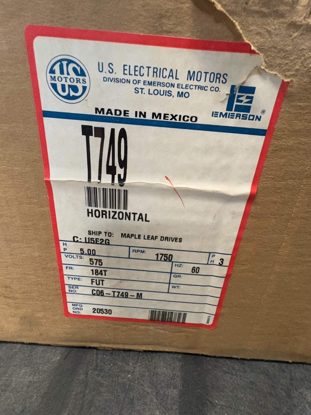 US MOTORS 5 HP MOTOR T749 #U5E2G